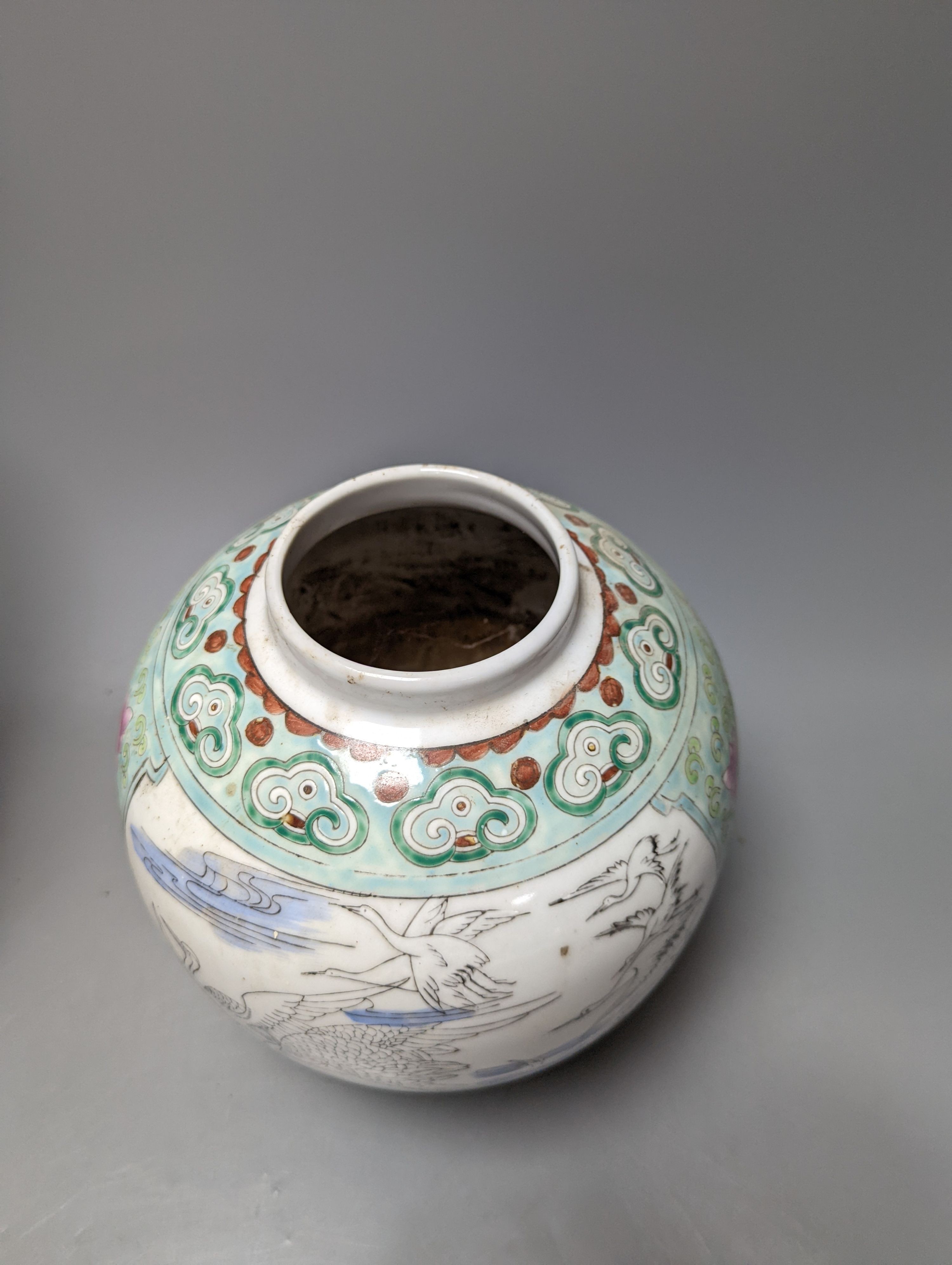 A Chinese famille rose vase and two ginger jars, together with a Japanese vase, 38cm